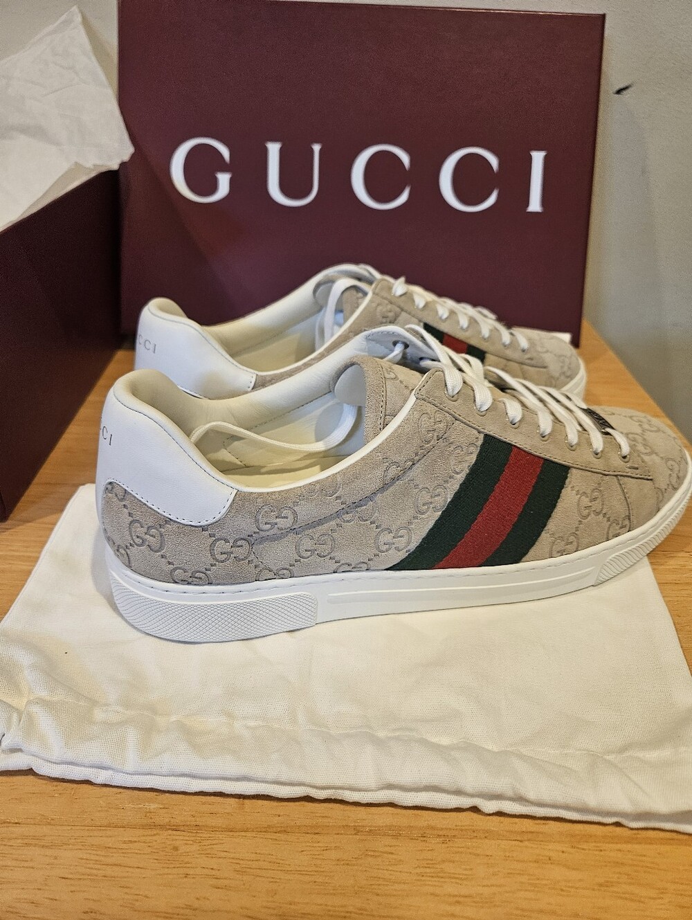 Gucci Men's Ace Sneaker With Web Oatmeal Size UK 10.5 - Picture 4 of 9